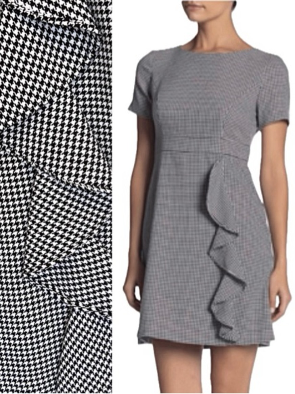Eliza J Houndstooth Plaid Sheath Dress Size 12 Black & White Ruffle Short Sleeve